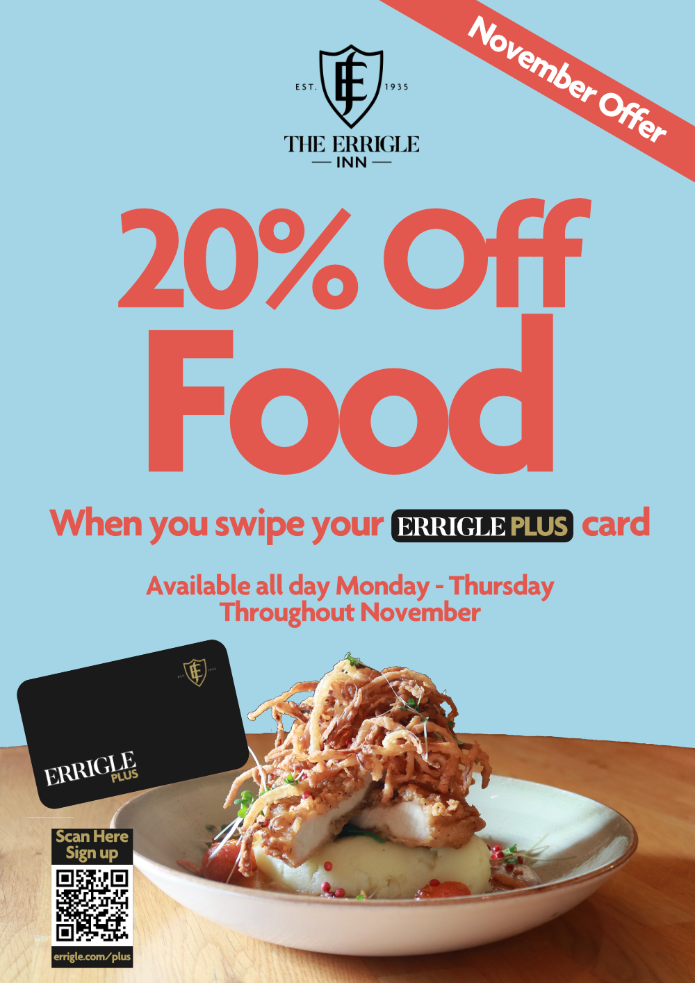 20% off Food with you Errigle Plus card